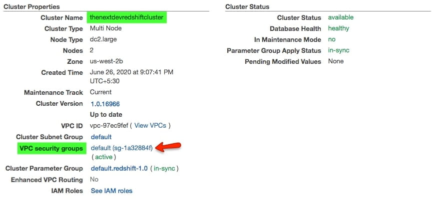 Amazon Redshift Tutorial Cluster Authrization VPC Group