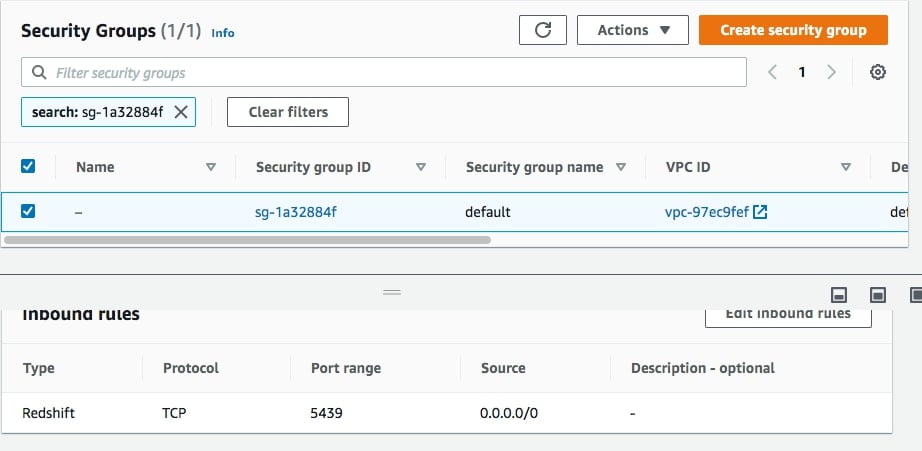 Amazon Redshift Tutorial Cluster Authorisation VPC Group InboundRule
