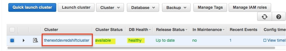 Amazon Redshift Tutorial ClusterListing