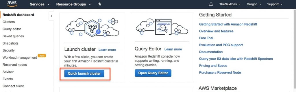 Amazon Redshift Tutorial CreateCluster Dashboard