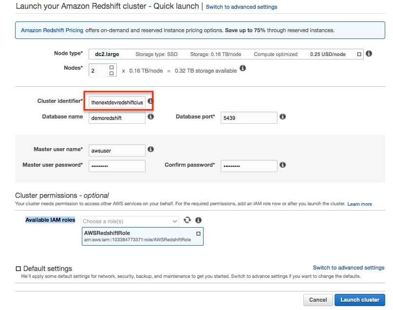 Amazon Redshift Tutorial Launch Cluster